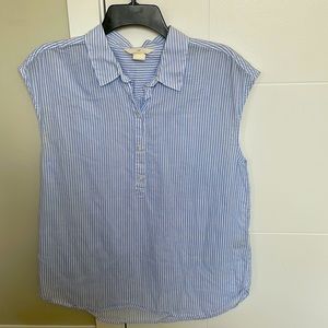 Blue and white striped short sleeved blouse